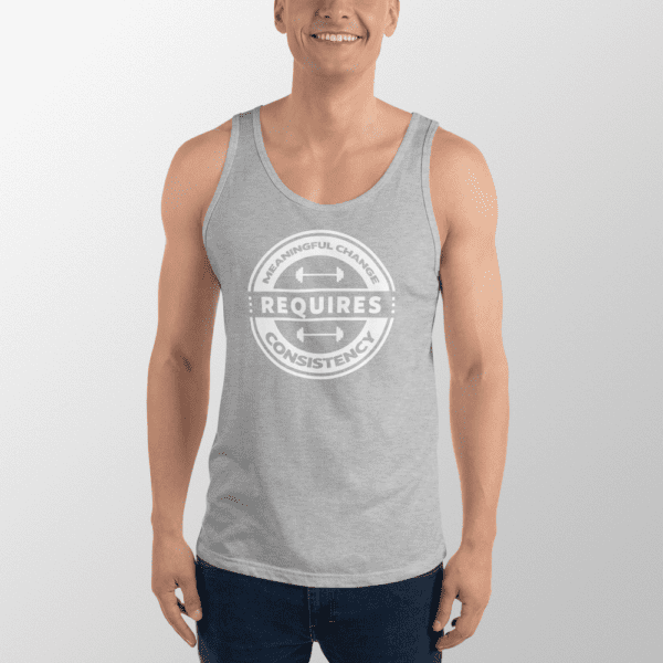 Man wearing a tank top that says Meaningful Change Requires Consistency