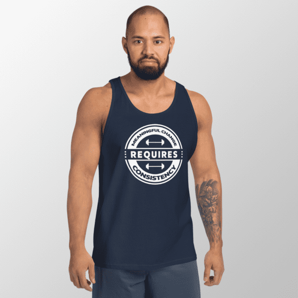 Man wearing a tank top that says Meaningful Change Requires Consistency