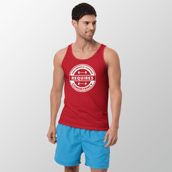 Man wearing a tank top that says Meaningful Change Requires Consistency